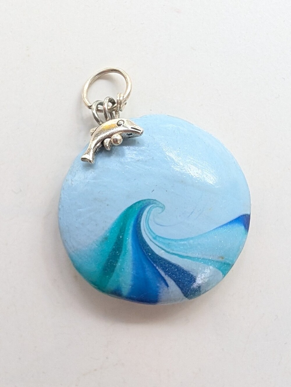 Vintage Y2K 2000s Polymer Clay Blue Swirl Wave Tiny Dolphin Charm Pendant